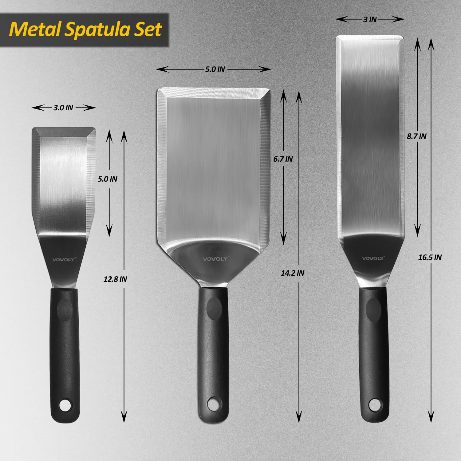 Stainless Steel Spatula Set With Full Tang Silicone Handle & Beveled Edges - Long Wide for Cast Iron Griddle BBQ Flat Top Grill, Pancake, Smash Burgers