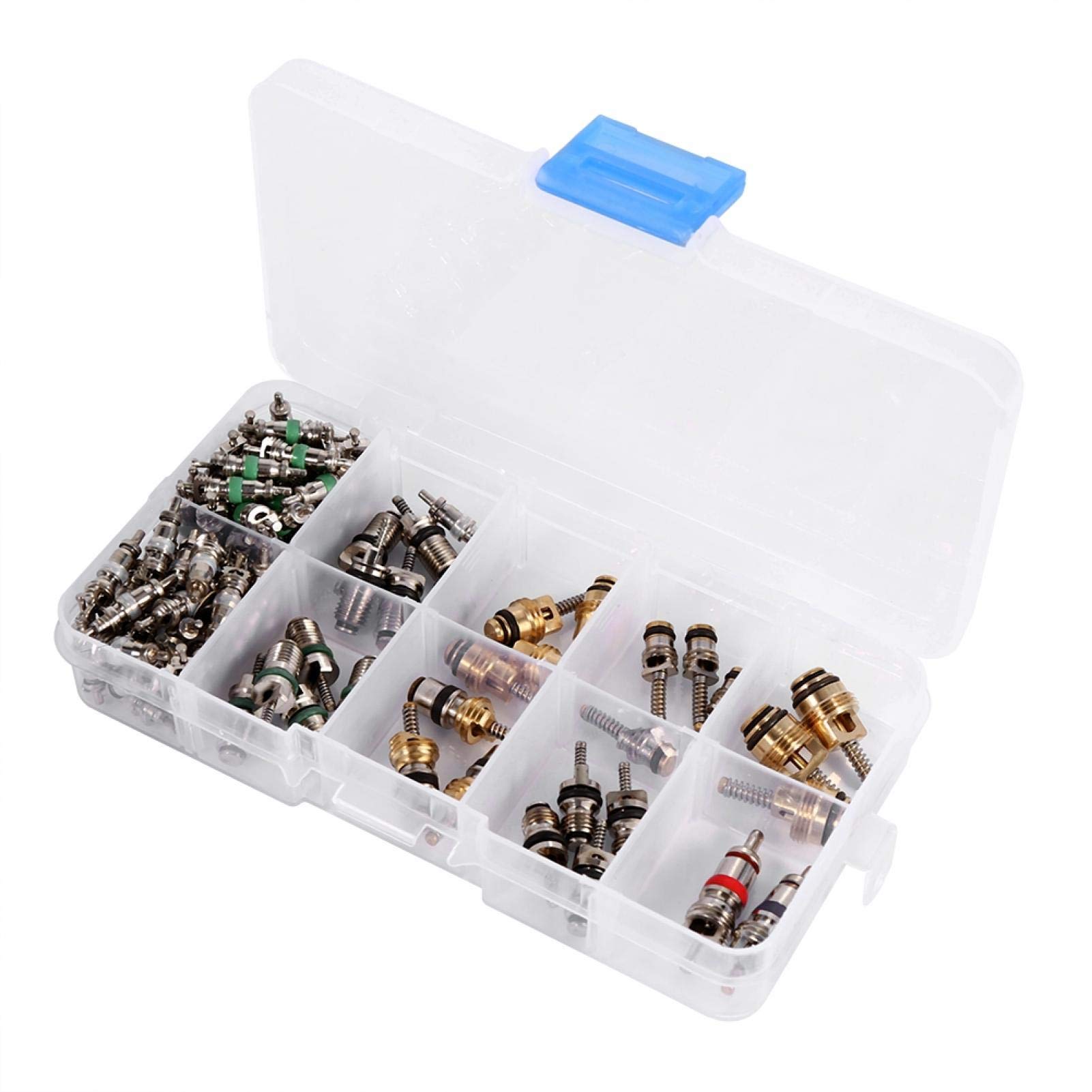 Kit de 102 embouts de valve de climatisation A/C R134a/R12 pour valve de pneu de réfrigération, kit d'outils de démontage, 102 pièces de valve Obus A/C Nucleo Valvula 16 mm pour valve de pneu 102 AC