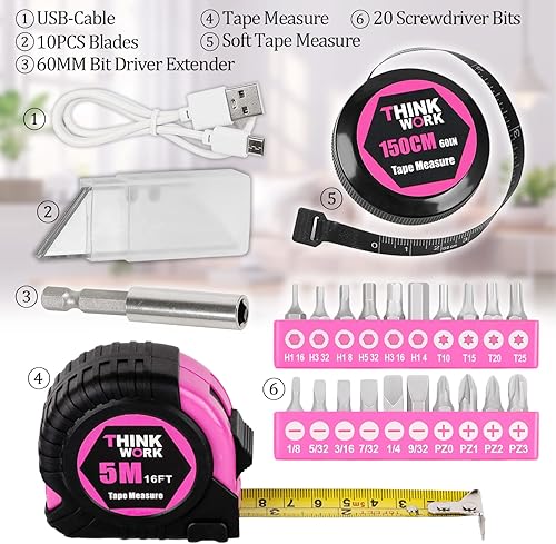 Vista 13 de THINKWORK Juego de herramientas rosa de 122 piezas con destornillador eléctrico giratorio de 3.6 V, kit de herramientas para el hogar para mujeres
