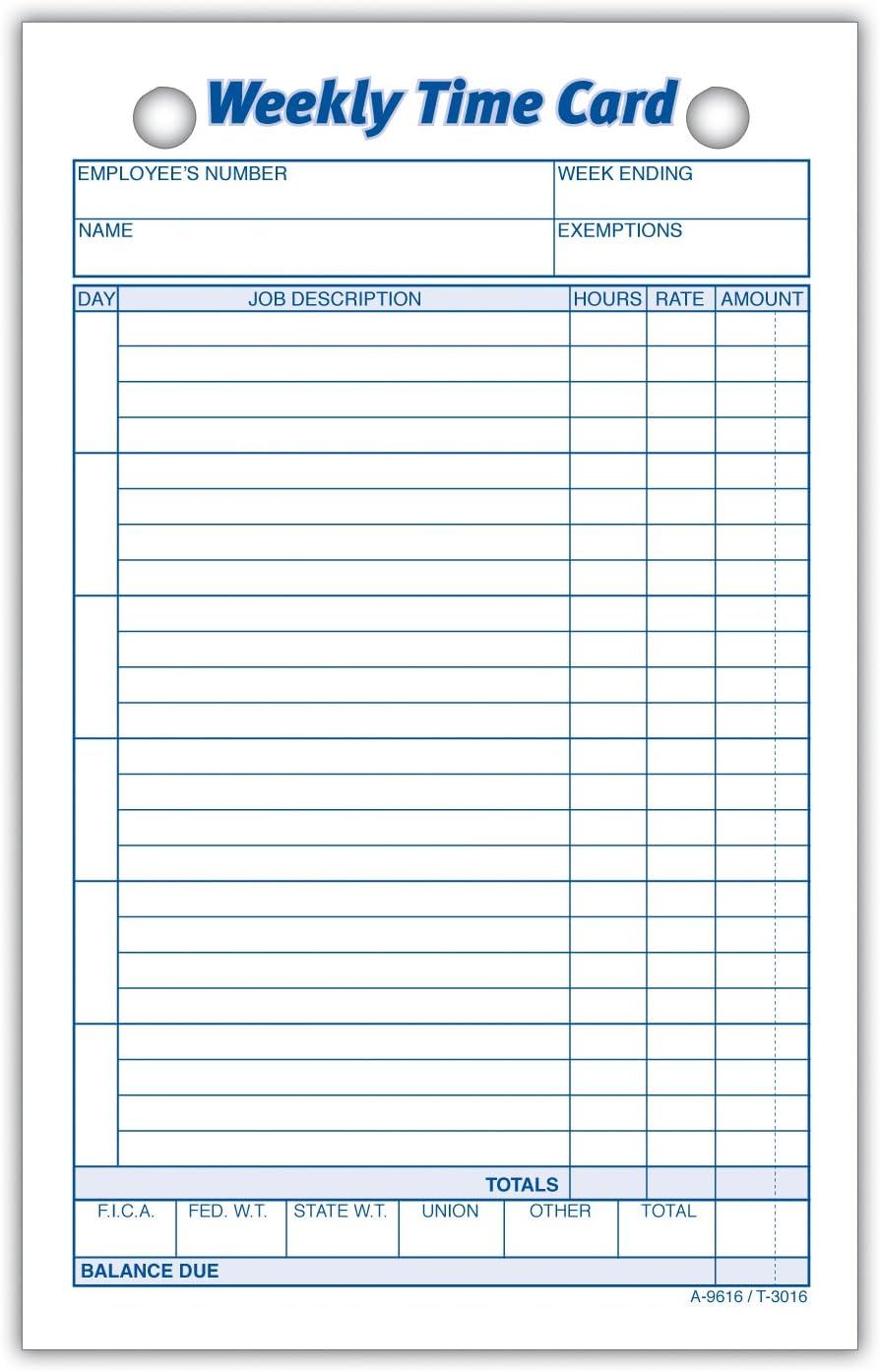 Weekly Time Cards, 1-Sided, 4.25 x 6.75 Inches, White Index Bristol Paper, 100 Cards Per Pack (9616ABF)