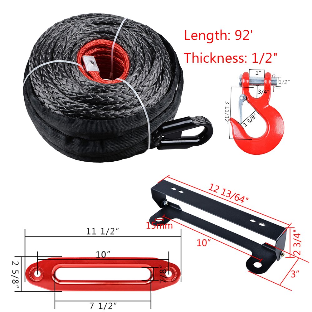 amopacorp Set 92 feet 1/2 inch Recovery Synthetic Winch Rope with RED Hook and 10 inch Anodized Red CNC Machine Aluminum Hawse Fairlead with 254mm Flip-Up License Plate Holder Kit