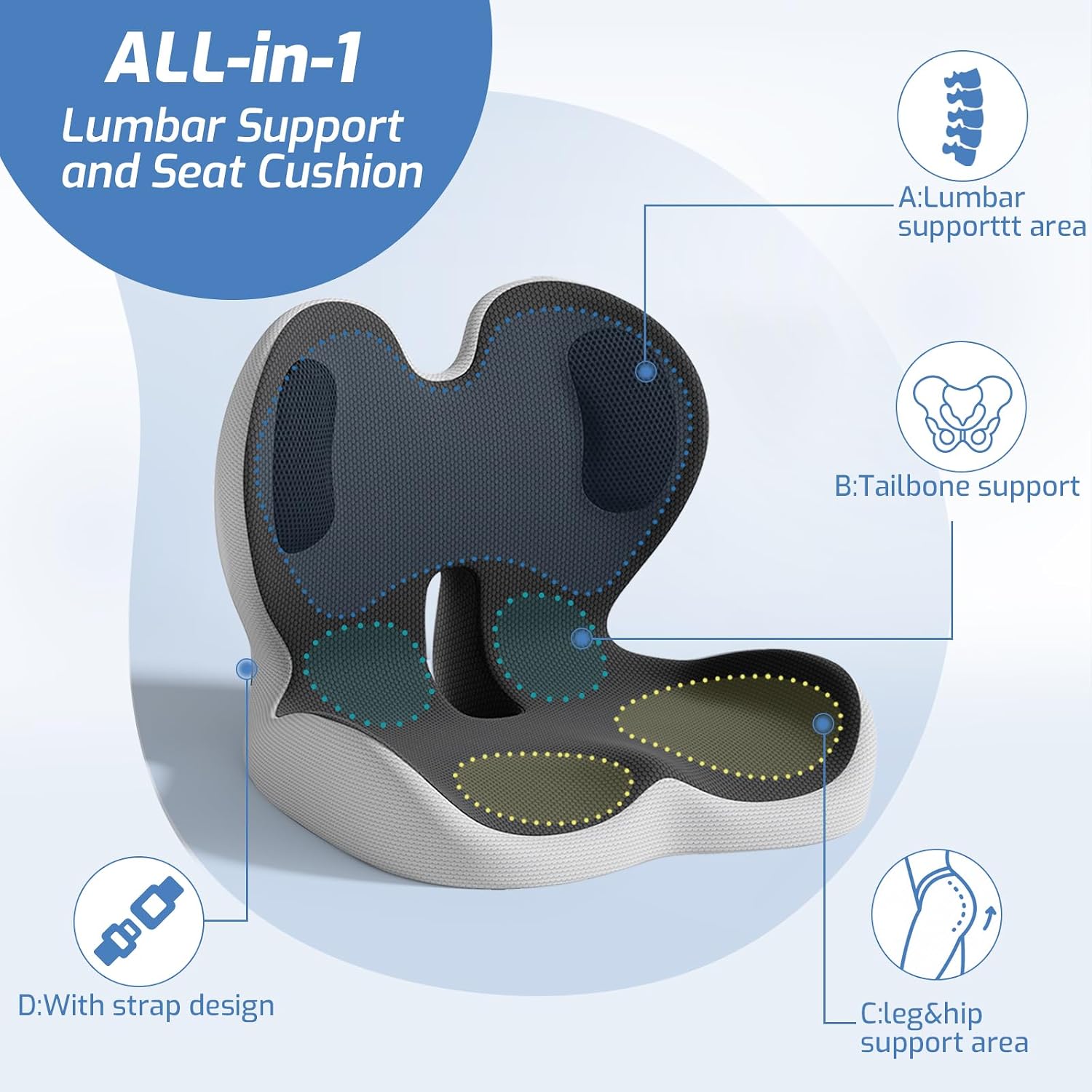 Seat Cushion,Memory Foam Chair Cushion for Office and Car,Ergonomic Coccyx Seat Cushion for Tailbone,Sciatic Nerve,Back Pressure Relief,Lumbar Support Pilow for Office,Car,Truck,Desk Chair