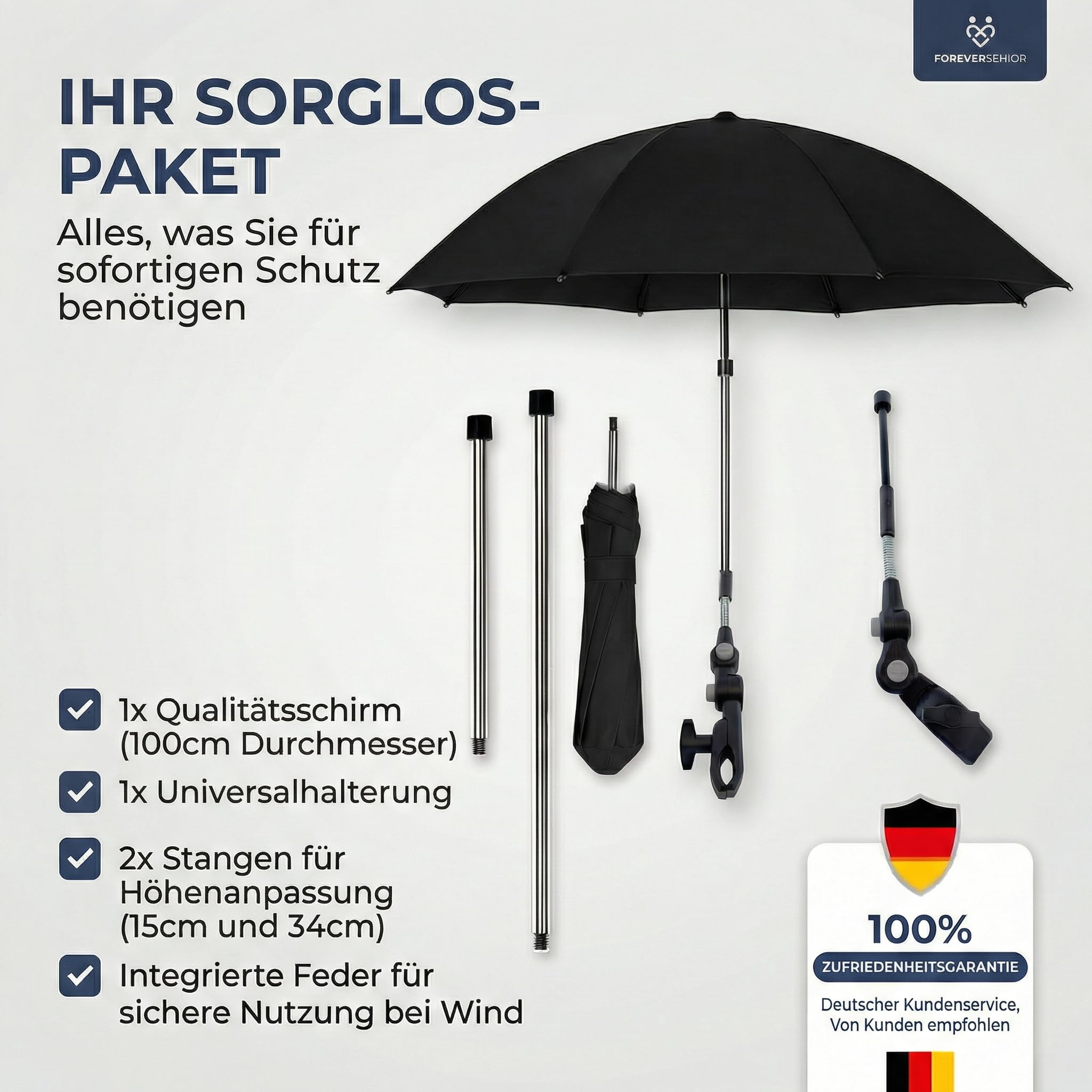 Regenschirm für Rollator und Kinderwagen mit Halterung, höhenverstellbarer Rollator Schirm - Praktische Rollator Schirmhalterung