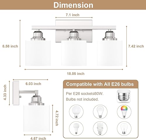 Miniatura 4 de Sailstar Lámparas de baño, luces de tocador de níquel cepillado, 3 luces, modernas luces de baño sobre espejo, pantalla de vidrio y acabado de
