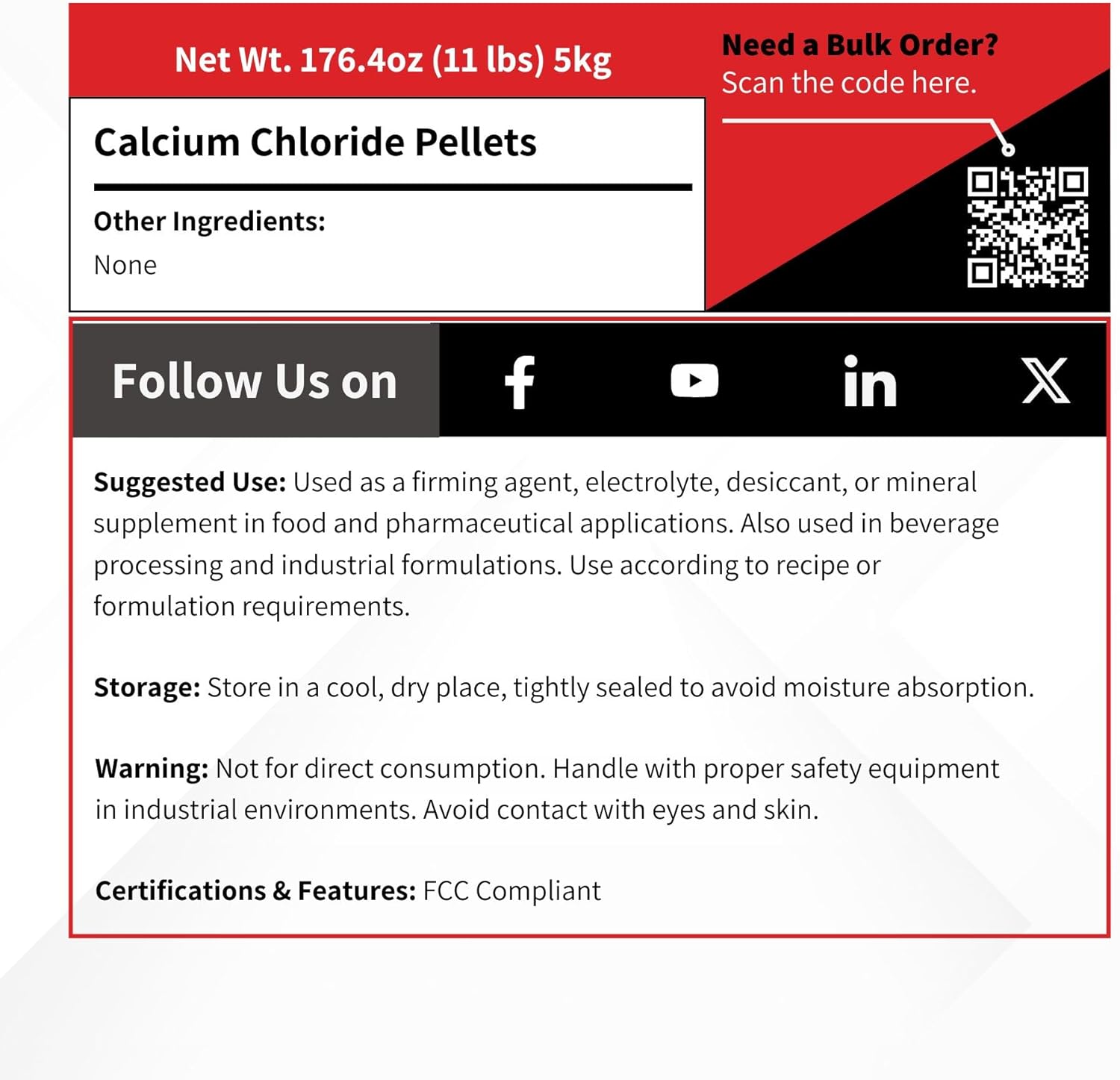 Calcium Chloride Pellets - 5 kg (11 lb) - Food Grade Anhydrous 94-97% - Rapid Moisture-Absorbing Salt Desiccant & Firming Agent Preservative- Cheesemaking & Brewing Ingredient