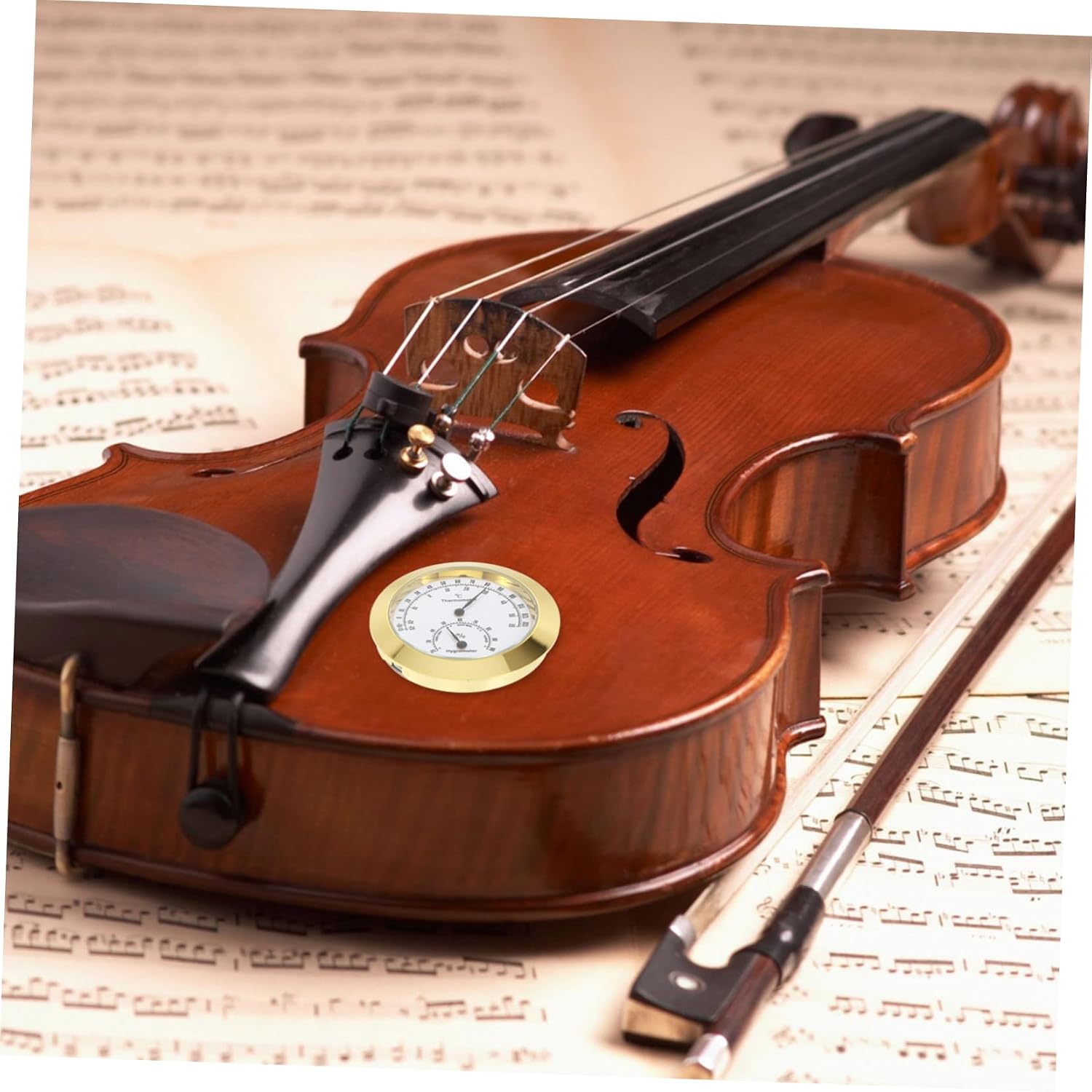 Golden Alloy Violin Hygrometer with Display for Guitar Care | Temperature and Humidity Measurement, Compact Instrument Tool, Storage and Care Use, Delicate Appearance