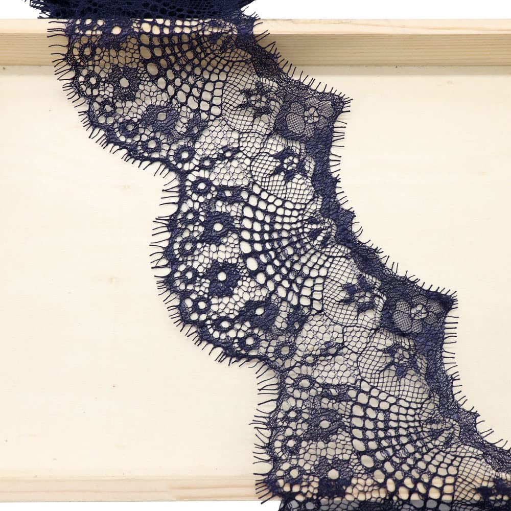Blausky 3 Yards 9.5 cm Wide Lace Ribbon, Eyelash Lace, Wavy Lace Trim, Vintage Lace Trimming, Decoration, Fringe Trim for Sewing, for Crafts, Wedding, Gift Wrapping, Bows, Navy Blue