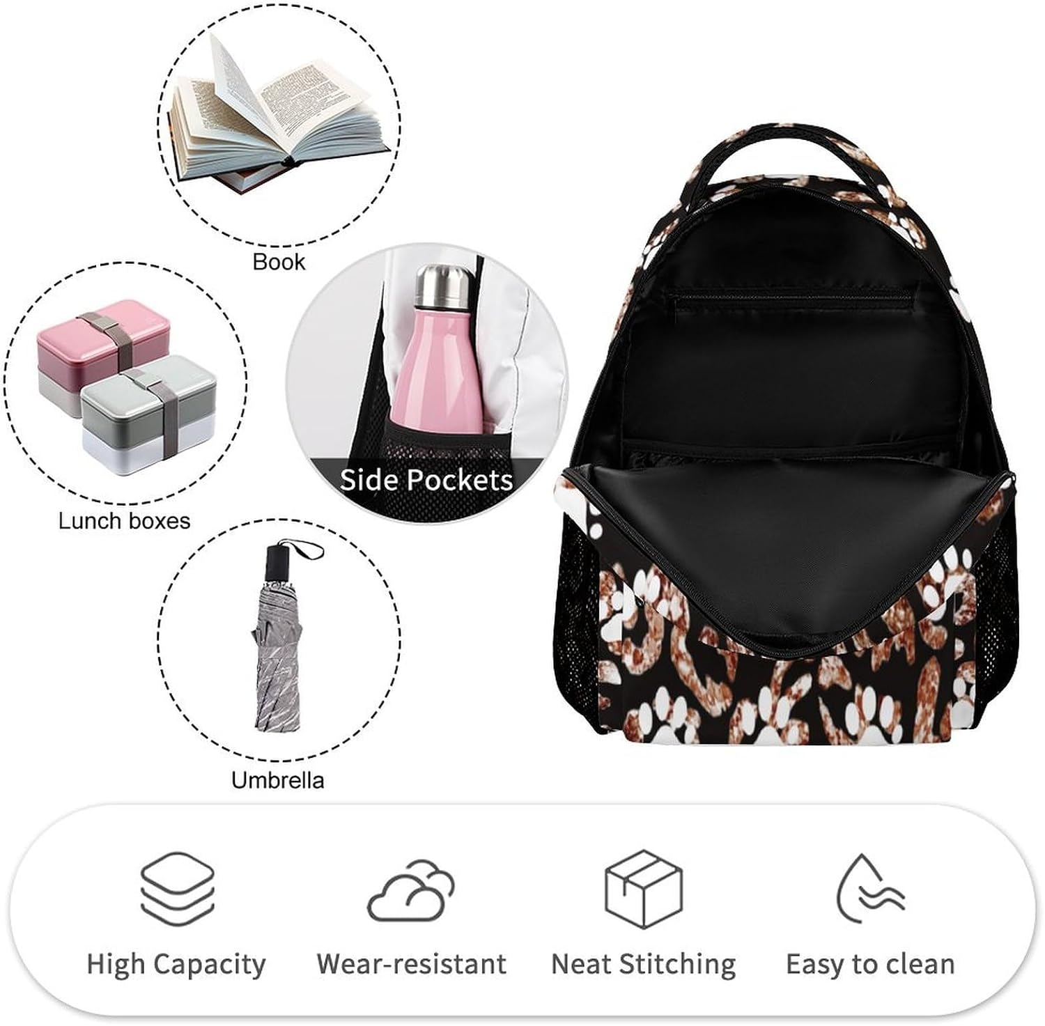Black Gold Dog Paw Backpack Casual Daypack for Kids Adults Casual Bag Student Backpack with 2 Side Pockets Schoolbag for Men Women