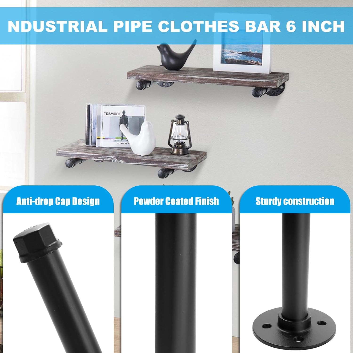 JMIATRY 8PCS 3/4" Industrial Black Pipe Shelf Brackets 6 Inch Iron Pipe Clothes Bars Wall Mount Garment Rack, 6 Inches Black Closet Rods Shelving Bracket for Hanging Clothes Laundry Room Retail Store image 4