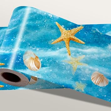 Ocean Theme Wall Border 196x4 Inch Peel and Stick Beach Seashell Starfish Wallpaper Border Blue Coastal Self Adhesive Removable Wall Trim for Bathroom Bedroom Living Room Beach House Decor