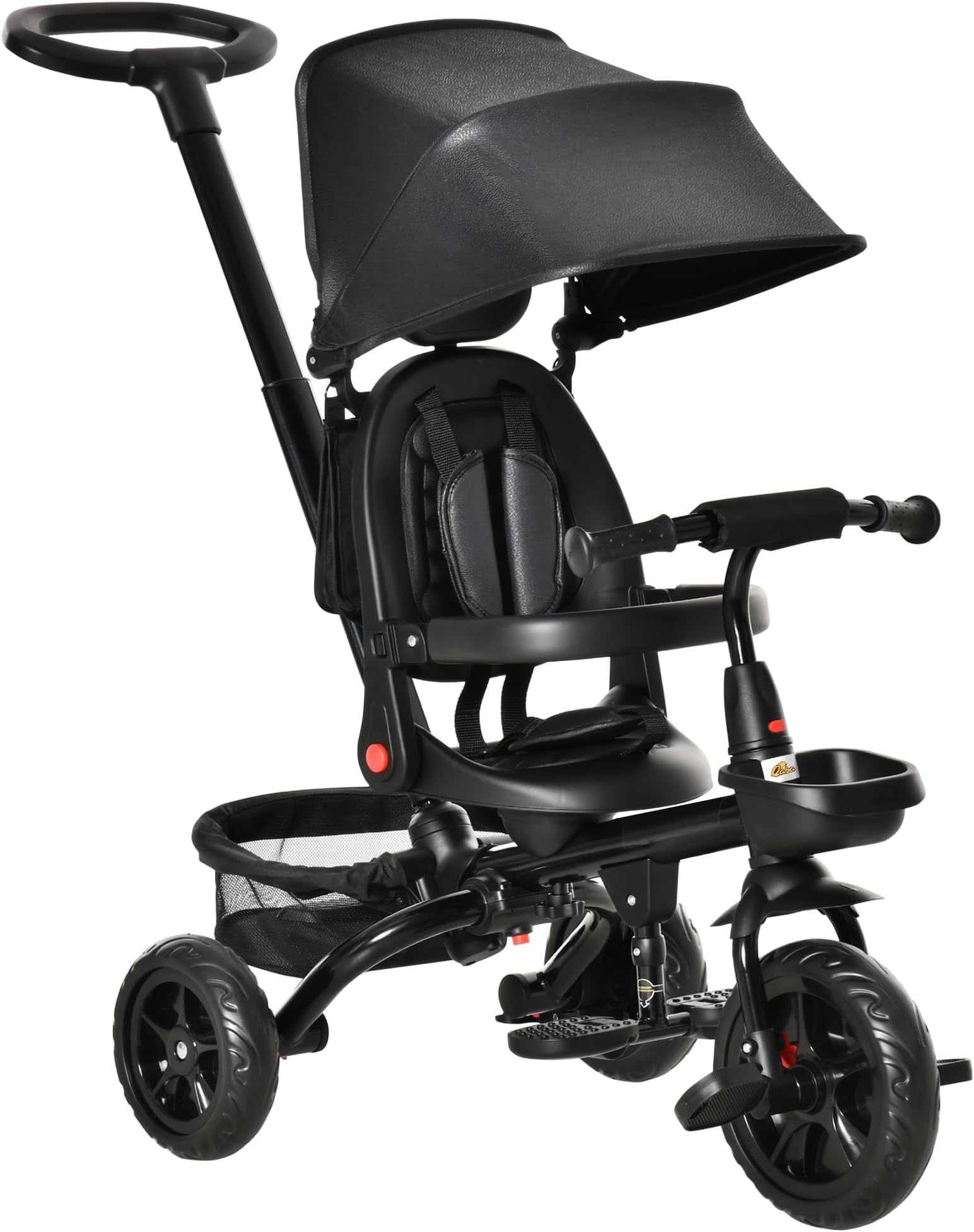 Kids Tricycle, 4 in 1 Foldable Trike with Reversible Seat, Adjustable Parent Handle, Safety Harness, Wheel Brakes, Removable Canopy, Storage, Tricycle for Toddlers 1-5 Years, Black