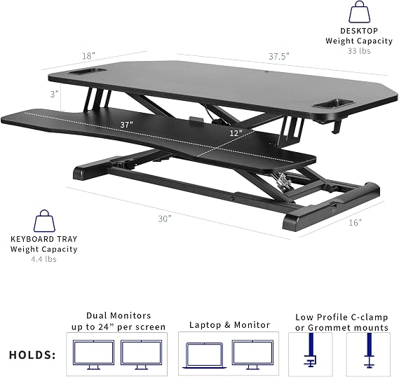 VIVO Extra Wide 38 inch Corner Desk Converter ، سلسلة K ، ارتفاع قابل للتعديل الجلوس على حامل الحامل ، شاشة مزدوجة ومحطة عمل كمبيوتر محمول مع صينية لوحة مفاتيح واسعة ، أسود ، DESK-V000KL