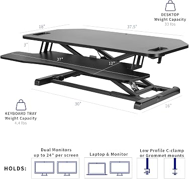 VIVO Extra Wide 38 inch Corner Desk Converter ، سلسلة K ، ارتفاع قابل للتعديل الجلوس على حامل الحامل ، شاشة مزدوجة ومحطة عمل كمبيوتر محمول مع صينية لوحة مفاتيح واسعة ، أسود ، DESK-V000KL