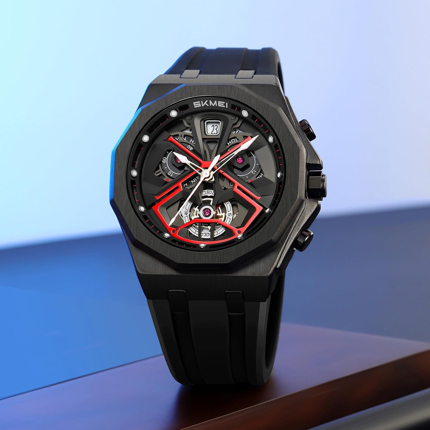 MASTOP Men's Luxury Octagonal Sports Watch – Skeleton Dial with Date Window, Bold Red Accents, Durable Silicone Strap, Fashion Mechanical-Style Chronograph Design - Image 3