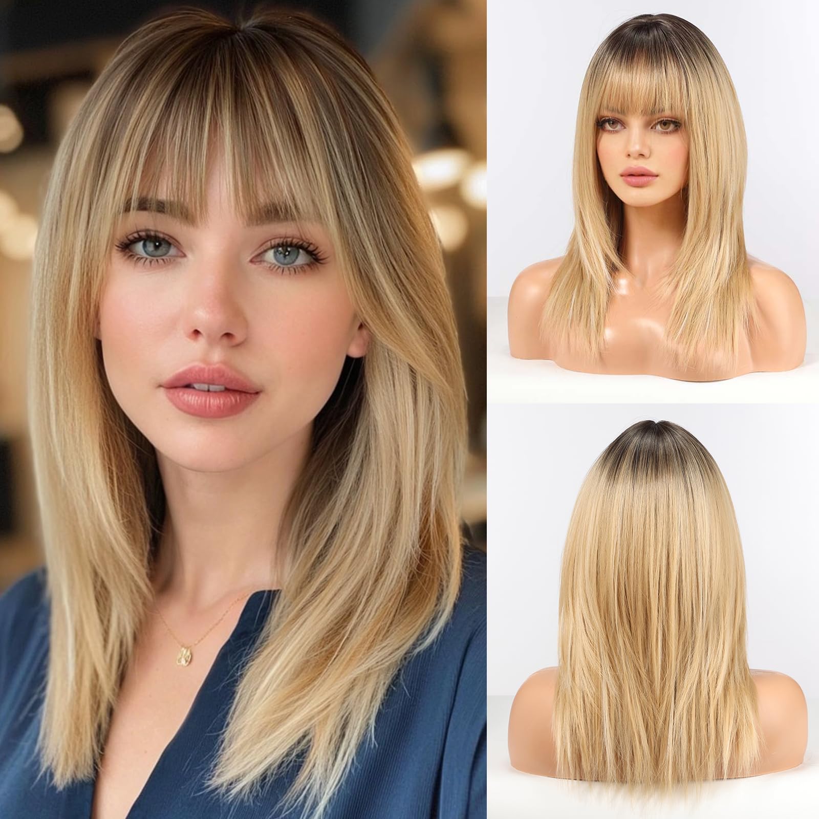 HAIRCUBE Donne Parrucca Straight Parrucche per le Donne Lunghezza Spalla Ombre Bionda Parrucca Sintetica con Bangs Cosplay quotidiano