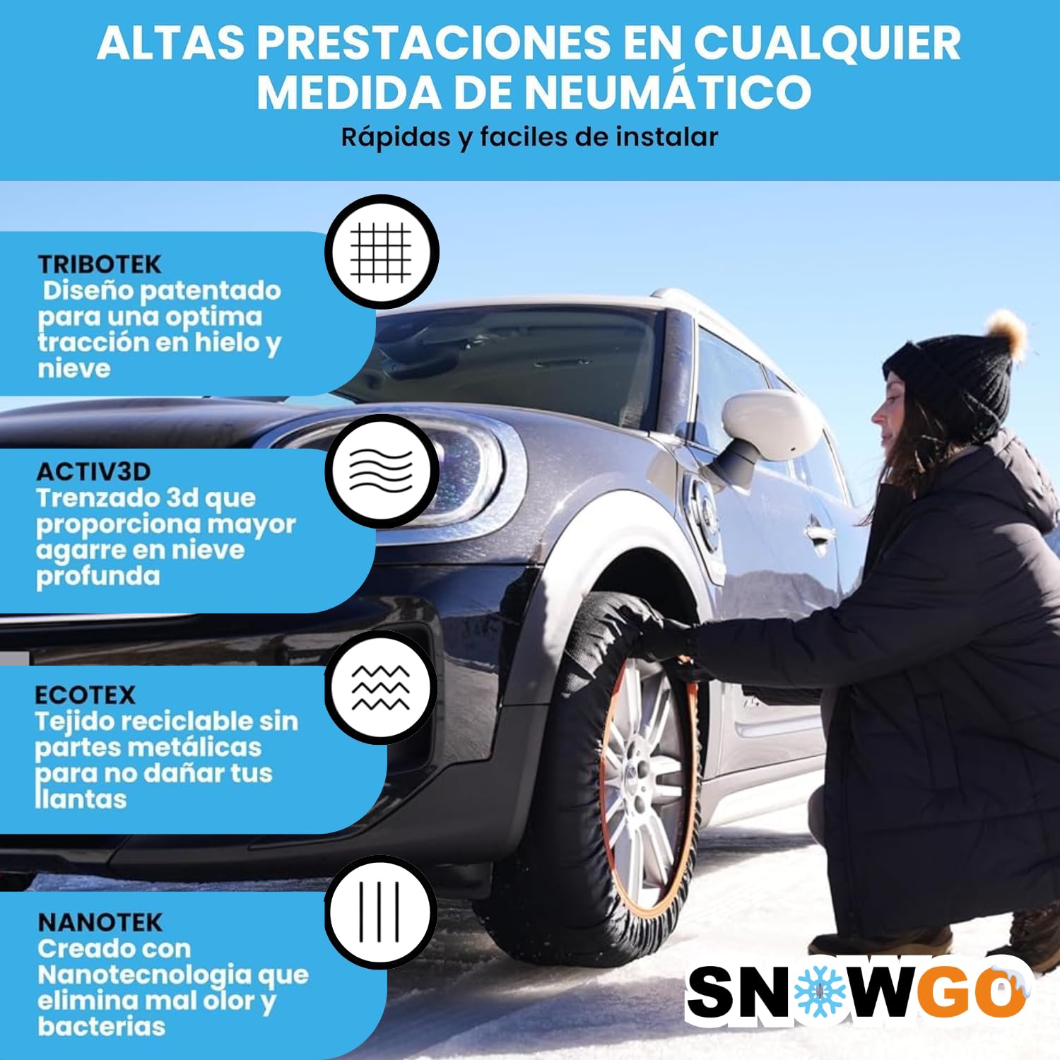 SNOWGO - Juego de 2 cadenas textiles para nieve - Talla XS a XXL - Homologado 16662-1 Europa - Adecuado para vehículos 4x4, vehículos eléctricos, furgonetas y vehículos comerciales <3,5T. (XL)