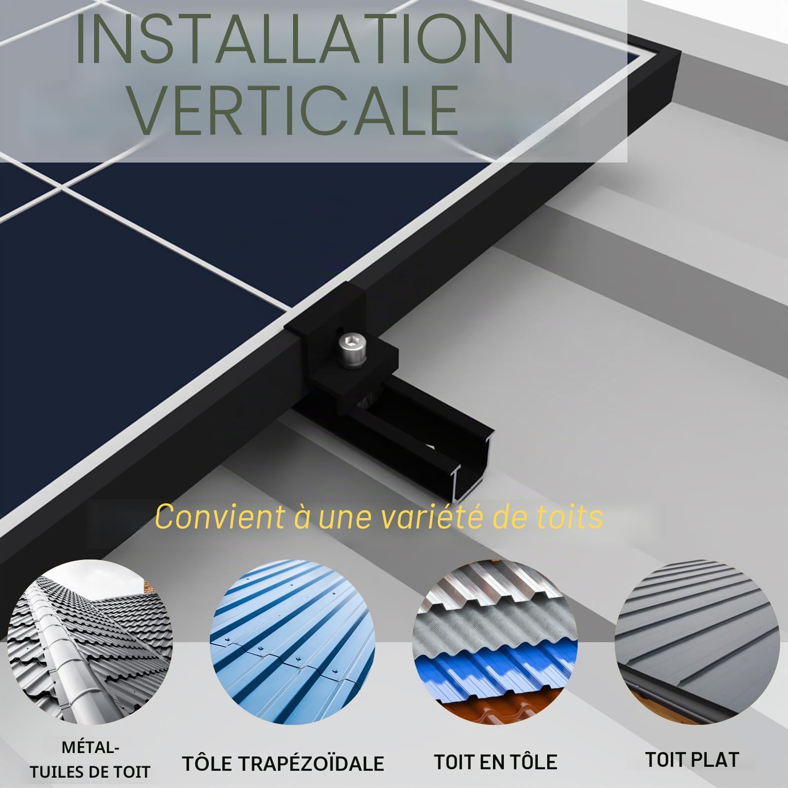 Support de panneau solaire pour 4 modules - Kit de montage PV - Rail noir de 12 cm + pince réglable pour modules de 30 à 35 mm d'épaisseur - Support de panneau solaire en aluminium - Tôle