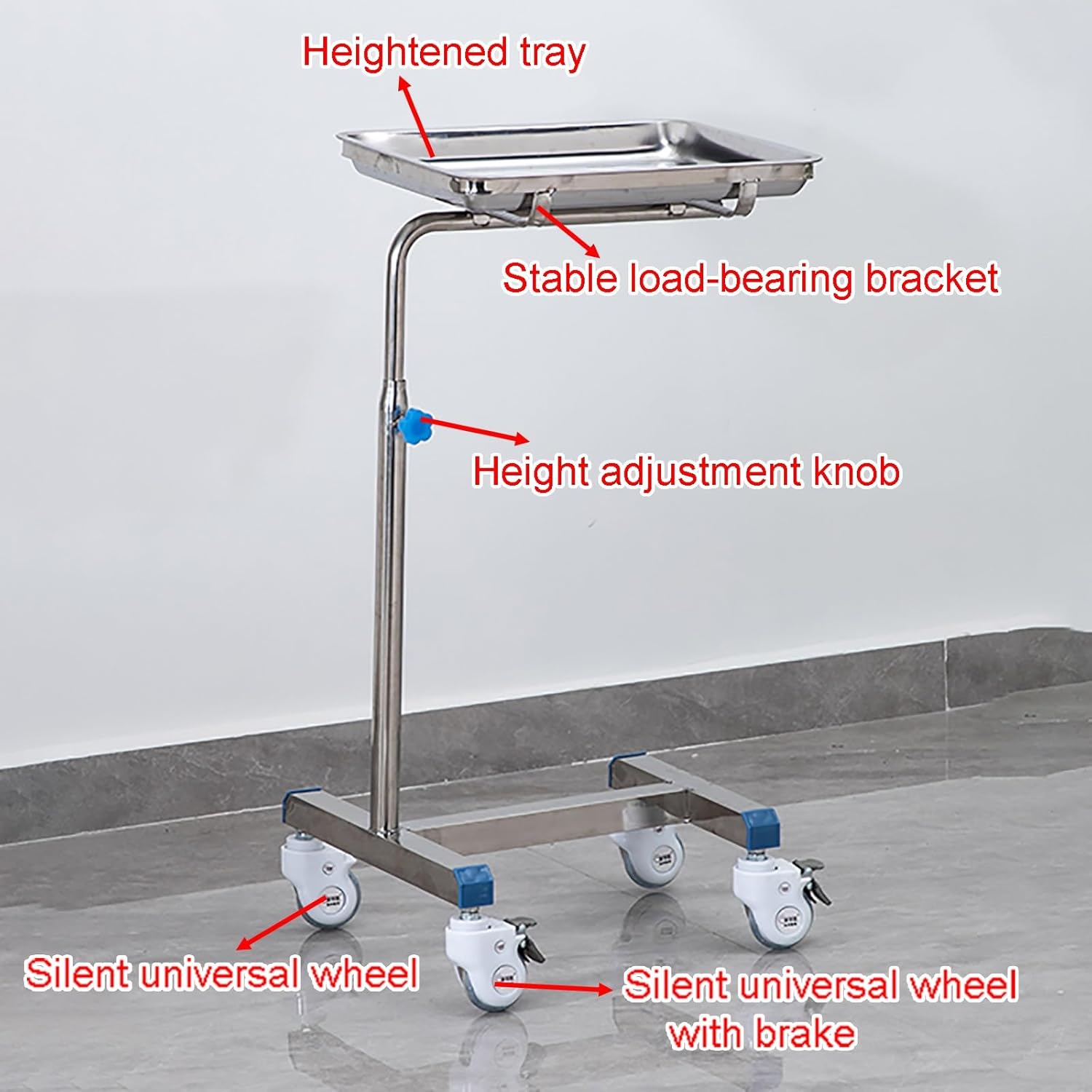 Stand Stainless Steel Instrument Salon Tattoo Rolling Tray, Mobile Mayo Tray Stand Utility Trolley with Adjustable Height, for Clinic Spa(60x40x(80-110) cm)