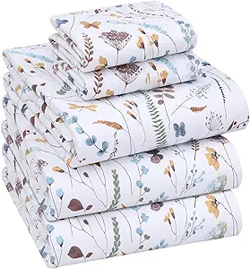 RUVANTI 100% Cotton Split King Sheets Sets for Adjustable Bed, 5 PCs, Soft & Breathable Percale Weave Bedding, Deep Pocket 16", Hotel Standard, Crisp Cool Feel & Durable, Floral Sheet, Fern Class