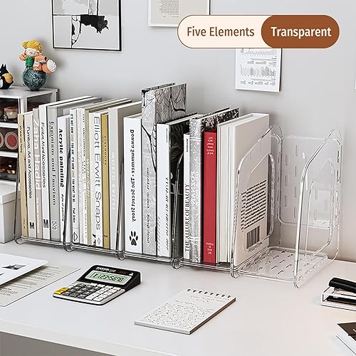 Miniatura 4 de Soporte para libros de acrílico transparente de 5 secciones con asa, estante desmontable para revisteros para armario de oficina y almacenamiento de