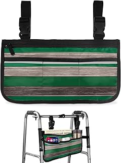 Green Brown Barn Wood Wheelchair Side Bag Walker Bag, Ombre Green Wooden Stripes Wheelchair Accessories Armrest Pouch, Organizer Storage Bag for Walkers, Rollators, Scooters, 7.3'x13'