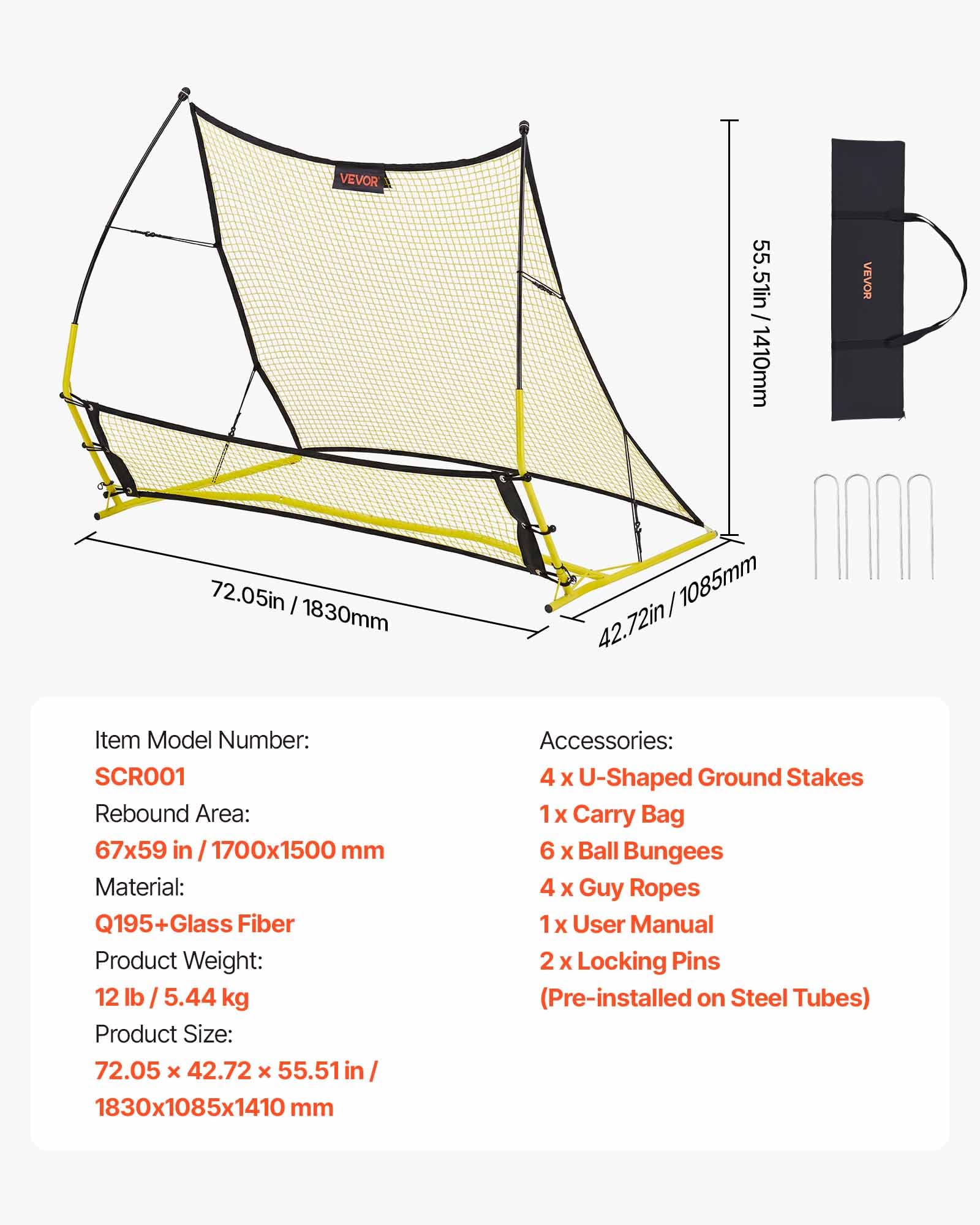 VEVOR Rete da Rimbalzo per Calcio Sports, Rete Rimbalzante 183 x 108,5 cm per Allenamento Controllo Passaggio Pallone, Pali in Fibra di Vetro Rinforzata Telaio in Ferro, Area Rimbalzo 1700x1500 mm