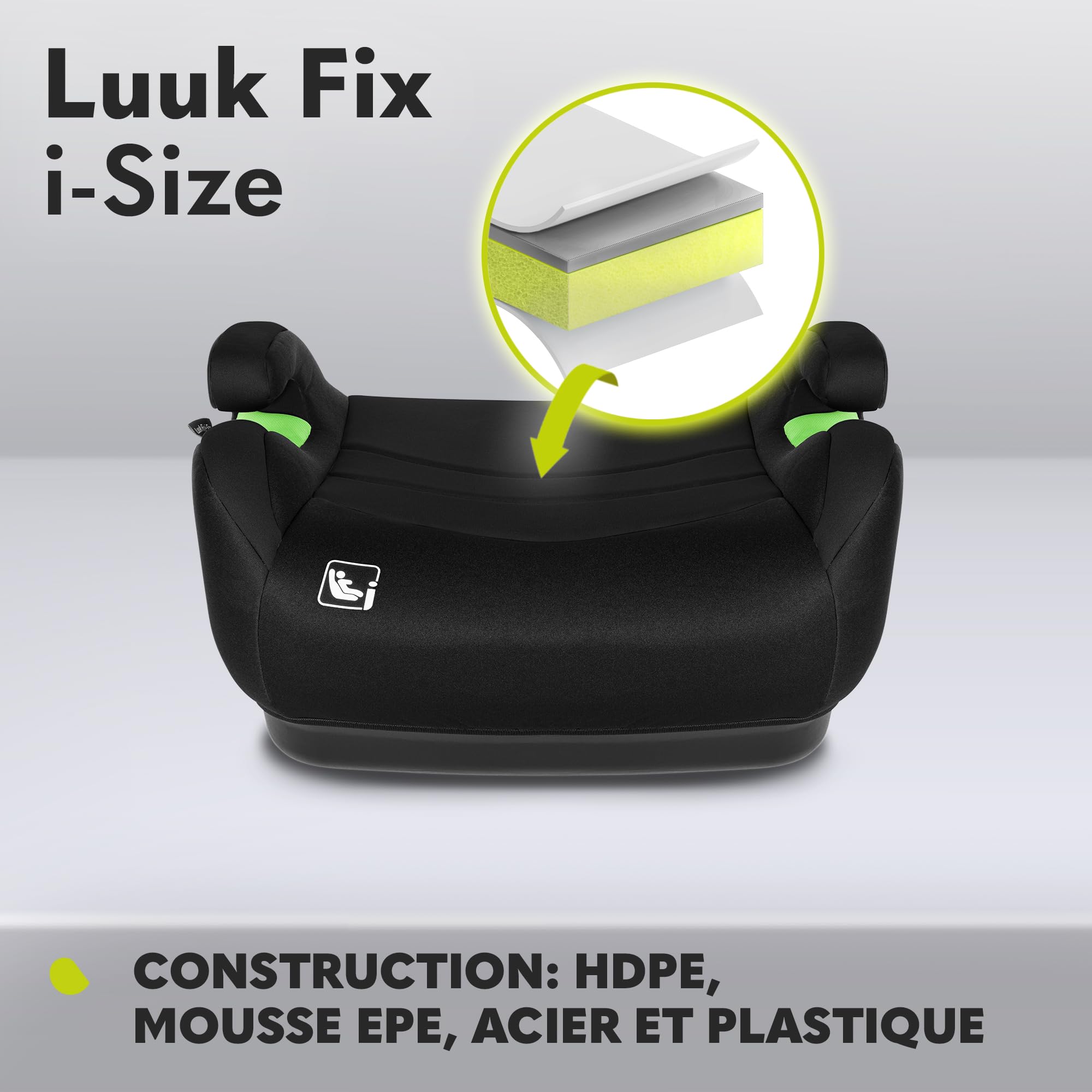 LIONELO LUUK FIX i-Size Réhausseur Siège Auto pour Enfants avec ISOFIX, de 22 à 36 kg/ 125-150 cm, Groupe 2 et 3, Siège et Accoudoirs Confortables, Housse Amovible (Grey) (Noir)