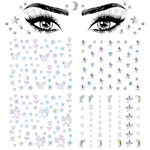 OIIKI 4 Sheets Star Face Eye Stickers, Star Jewelry Eye Body Sticker, Acrylic Crystal Face Gems, Halloween Moon Pearls Butterfly Face Makeup Stickers, 4 Styles Rhinestone Tattoos for Women, Girls