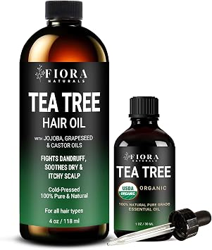 Fiora Naturas Tea Tree Oil for Hair and Scalp - with Jojoba, Grape Seed & Castor - Helps Hair Growth, Tea Tree Essential Oil by Fiora Naturals- 100% Pure Organic for Face, Hair, Skin, Scalp