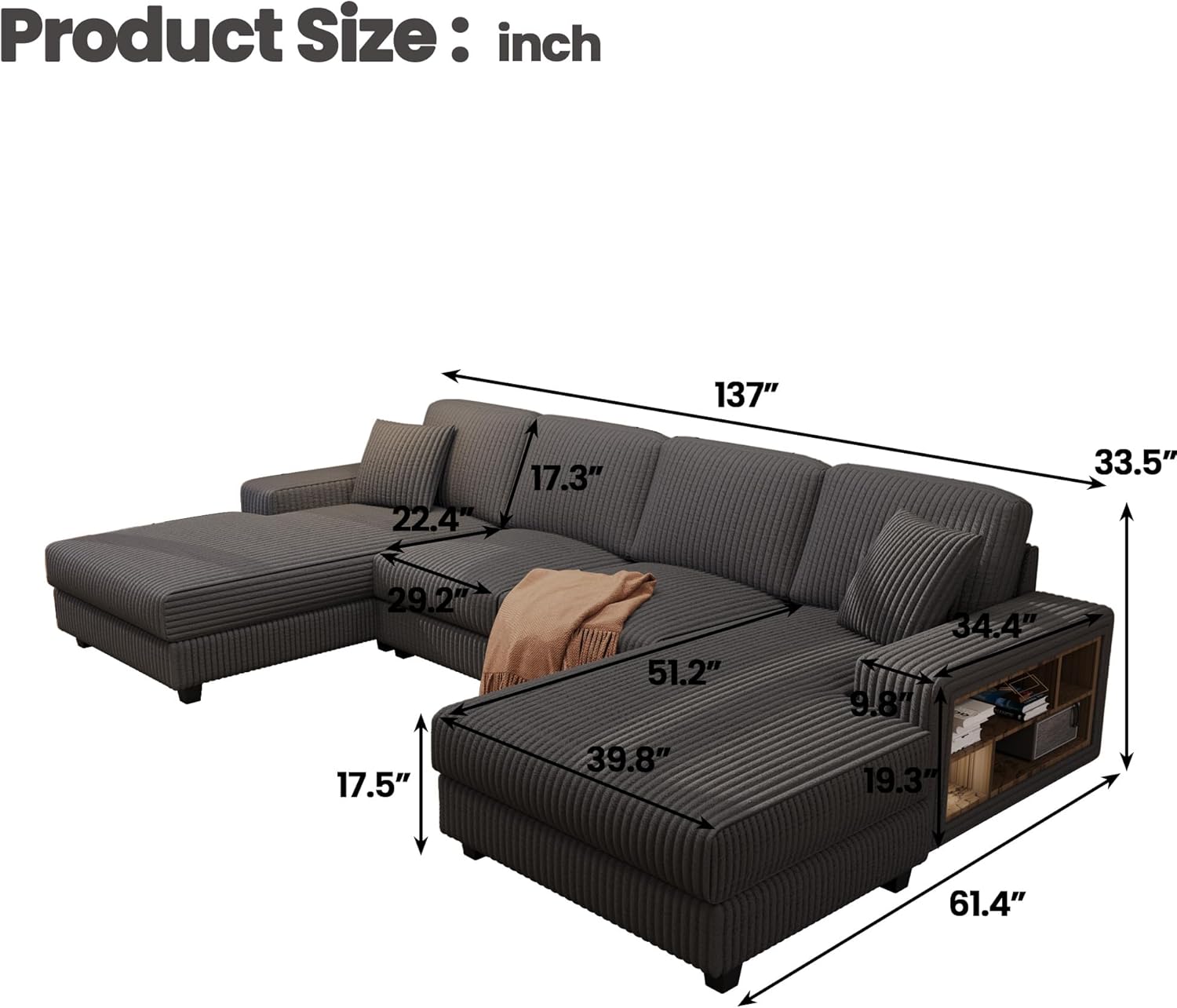 137" Oversized Symmetrical U Shaped Modular Sectional Sofa with Double Chaise Lounge and Storage Cabinet,6 Seater Corduroy Upholstered Lounger Couch Sets with Extra Wide Deep Seat for Living Room