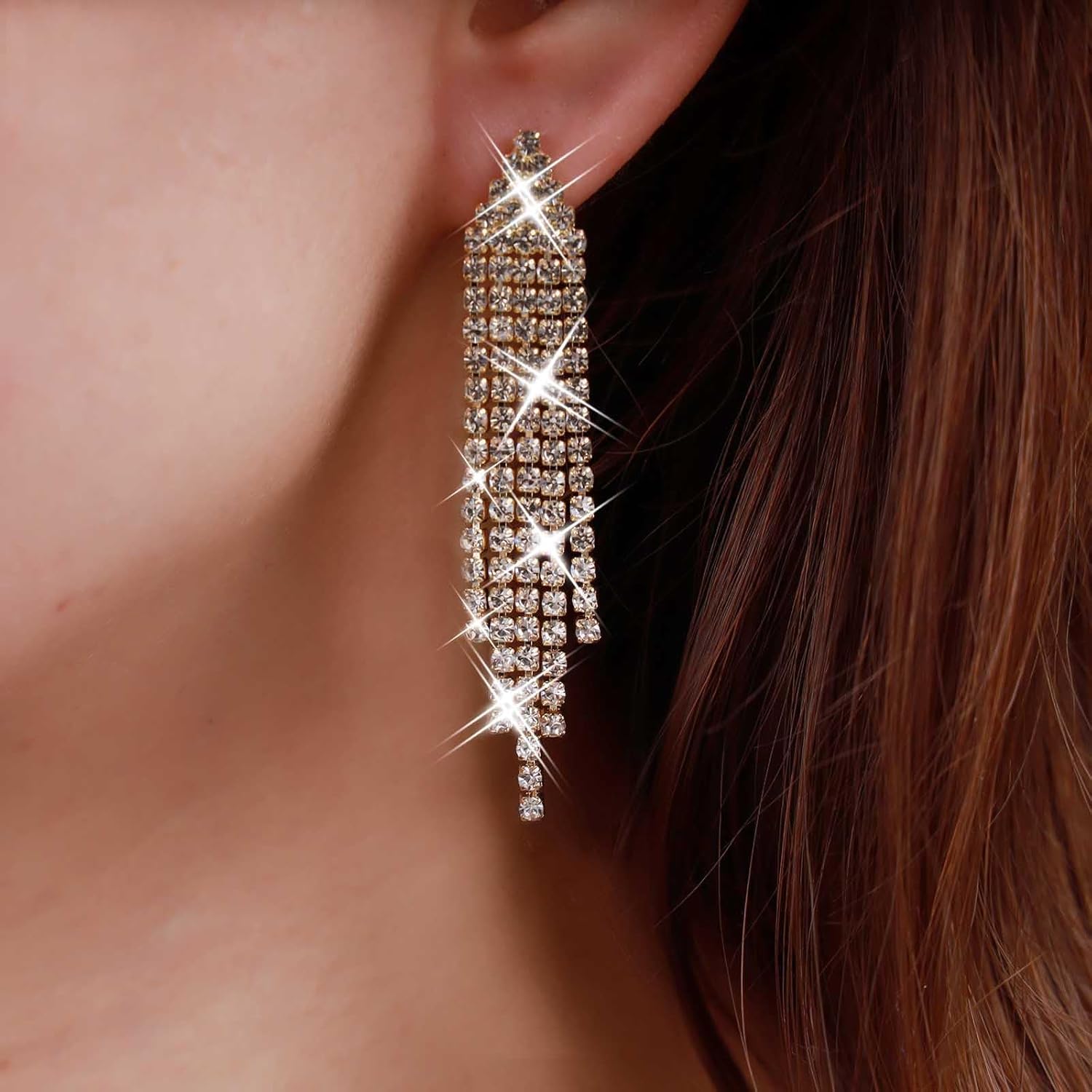 Boho Crystal Tassel Chain Earrings Rhinestone Bridal Wedding Earrings Long Crystal Chandelier Earring Shiny Cz Wedding Earring for Women(Gold) - Image 3