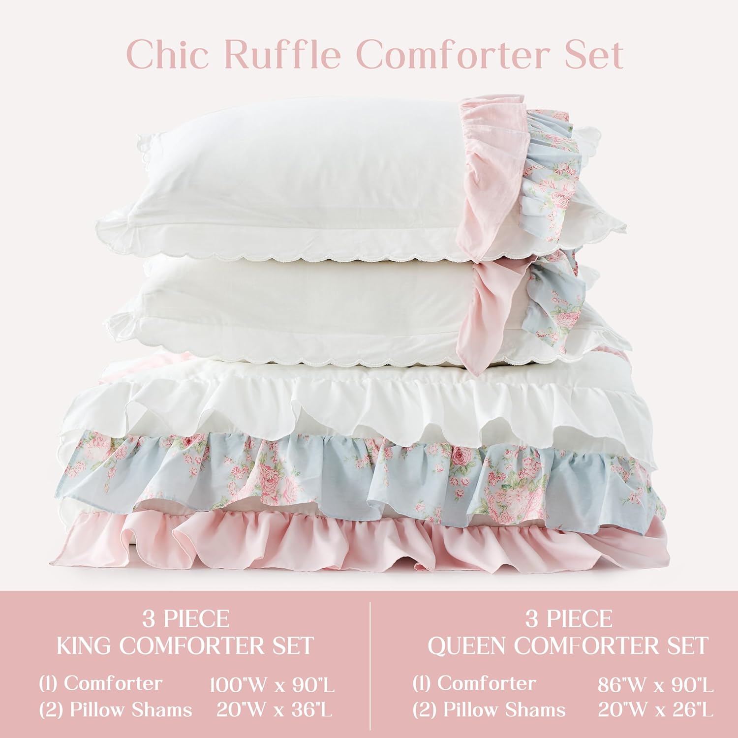 Wonderful White Cotton Comforter Set Queen, 3 Piece Handmade Shabby Style Ruffle Floral Princess Lighteweight Comforter with Pillow Sham, All-Season Fluffy Comforter Bedding Set | Breathable Material, Hypoallergenic, Machine Washable