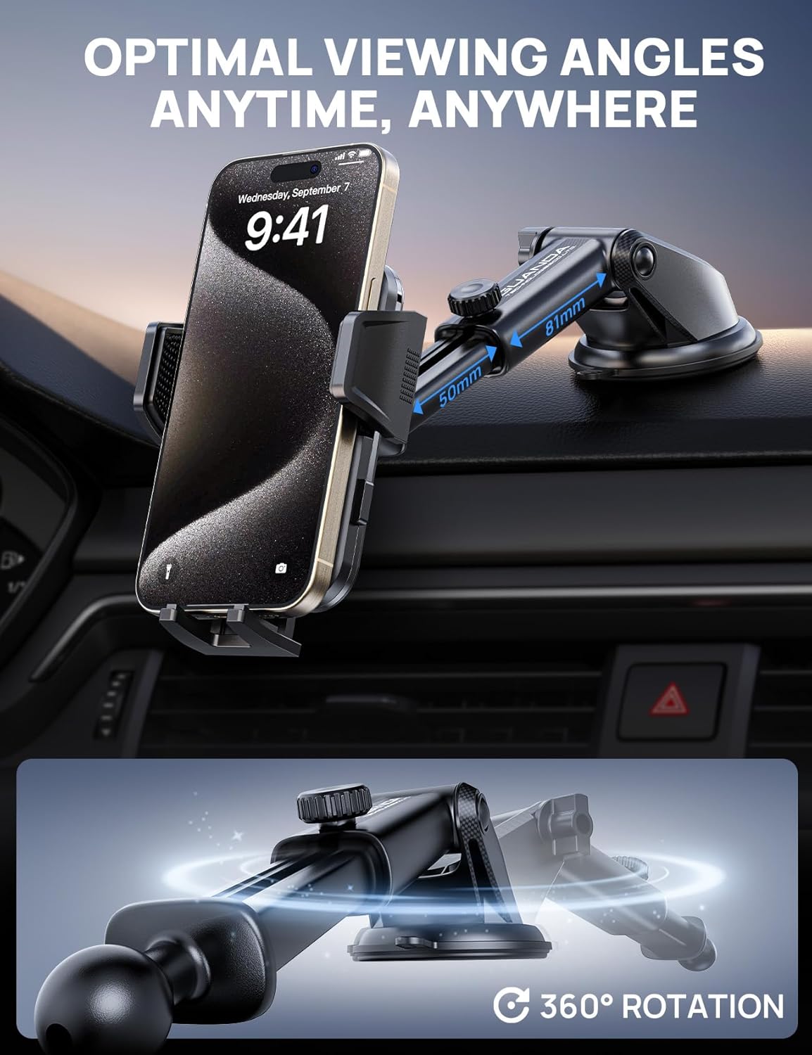 2026 Ultimate Car Phone Holder Mount (+Air Vent Clip) [Military Grade Stable], 360° Rotatable Suction Cup Car Phone Mount for Dashboard Windshield ,Truck Cradle Stand for iPhone 17 16 Pro Max Samsung Black +Vent Clip