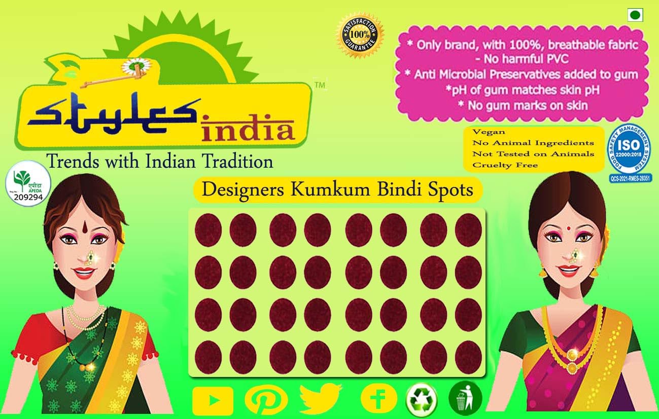 Stylesindia Sticker Kumkum Spot Bindi Tattoos Breathable Fabric, No Harmful PVC, Skin Neutral pH, Does not Irritate Skin, No Gum Marks on Skin, Round Tilak Pack of 3 Flaps (P4-7MM, Maroon)