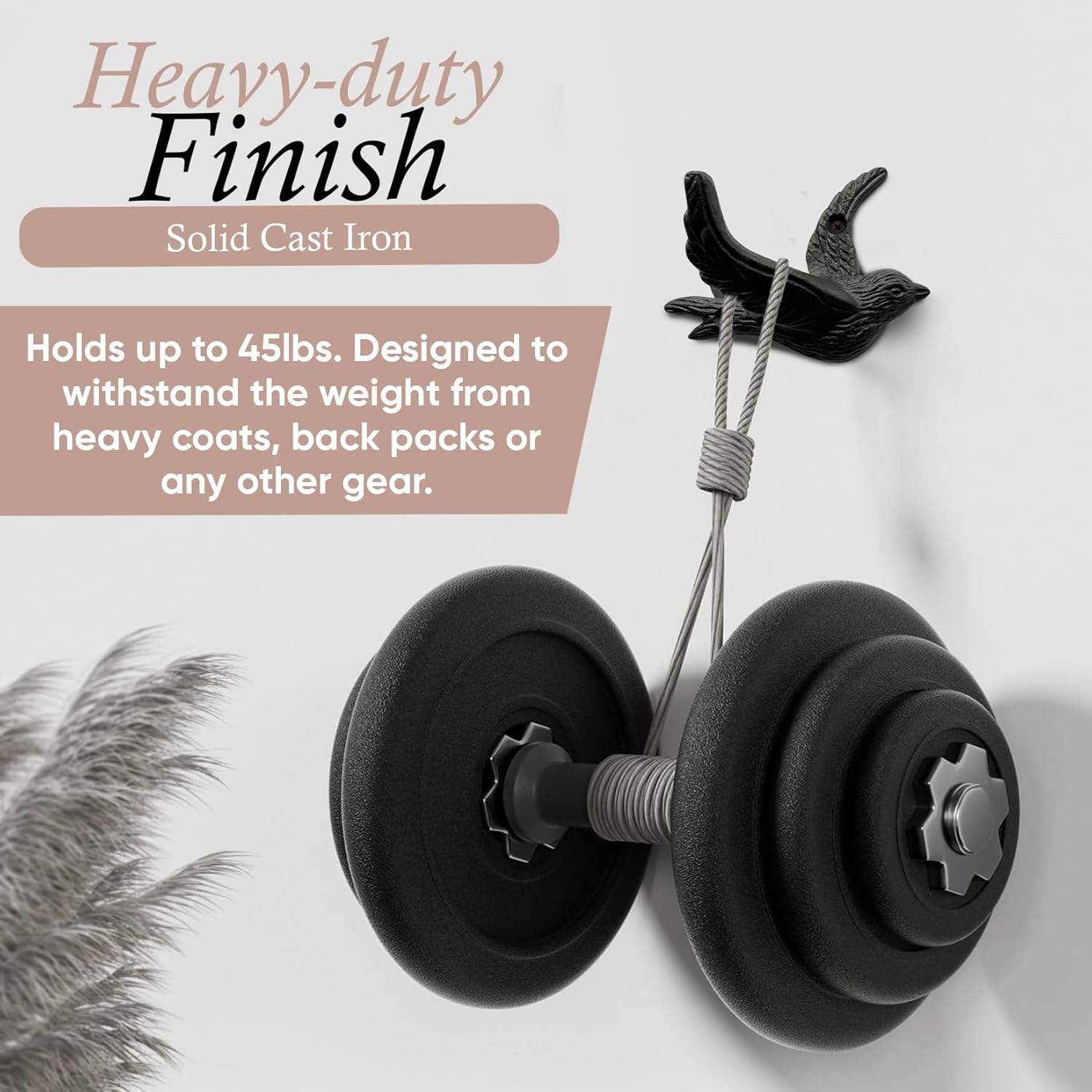 Flying Bird Cast Iron Hooks (5 Pack) Non Rusting Interior or Exterior Decorative Wall Hooks - Farmhouse Decor for Coats, Bags, Hats, Towels, Easy to Install (Black Hooks) - Image 8