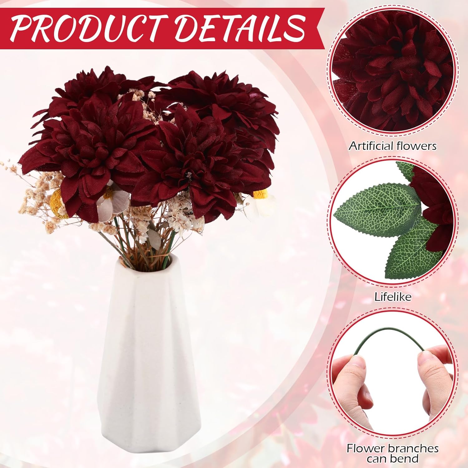 XunYee 50 Pack Artificial Wedding Dahlia Flowers Bulk Silk Dahlias with Stems and Green Leaves Fake Flora Decoration Faux Bouquets for DIY Bridal Shower Wedding Party(Burgundy)