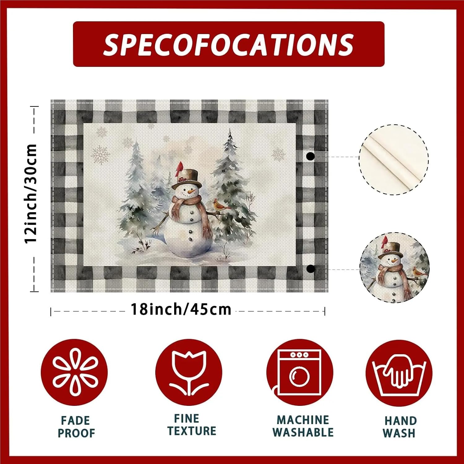 6pcs Watercolor Buffalo Plaid Snowman Snowflakes Winter Xmas Placemats Table Mats for Home Dining Table Decor 12x18 Inch(9)