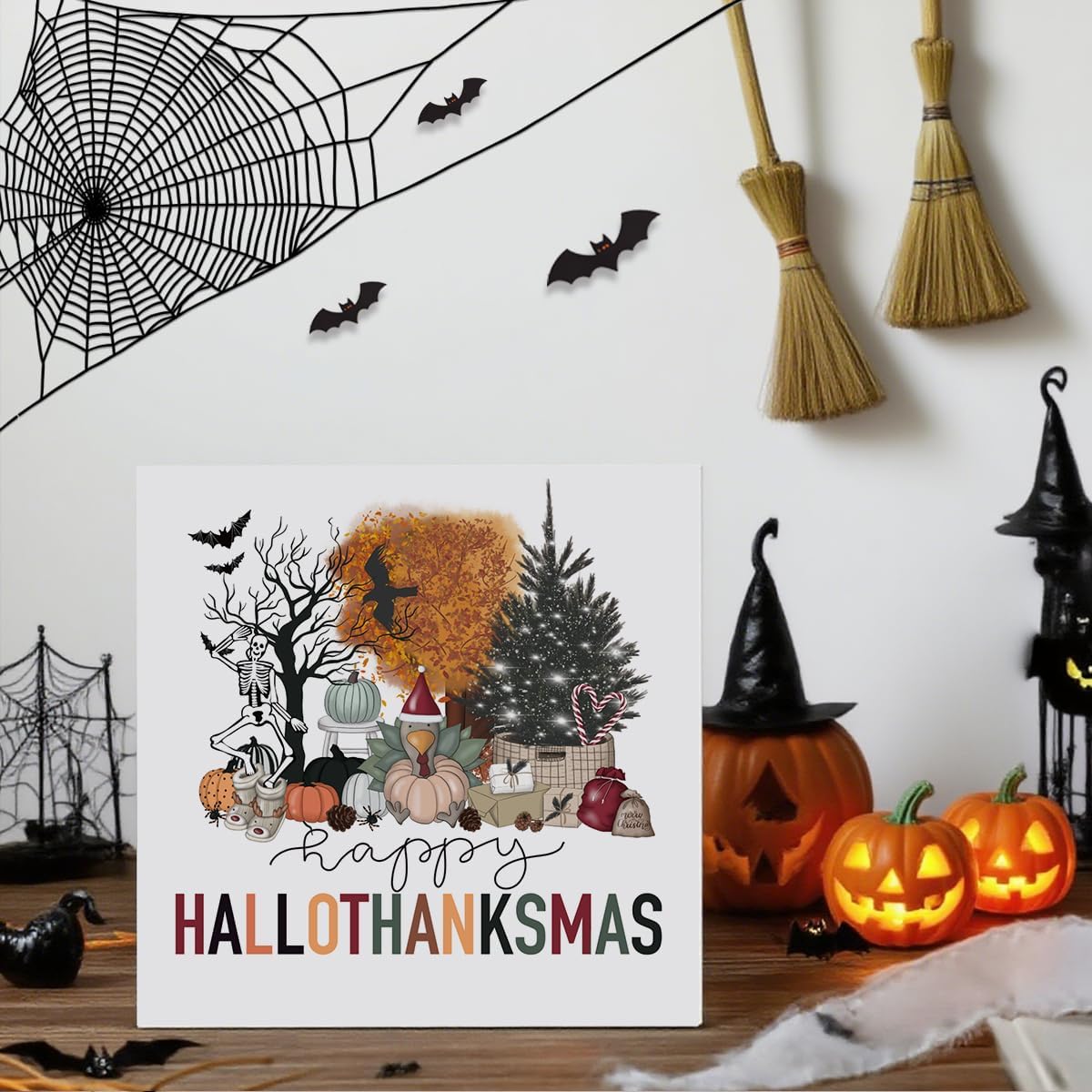 Halloween Skeleton Table Decorations Indoor Spooky Home Decor Gifts Halloween Party Decorations Vintage Bat Rustic Pumpkin Wooden Box Sign for Bedroom Bathroom Kitchen Living Room Office House Decor image 3
