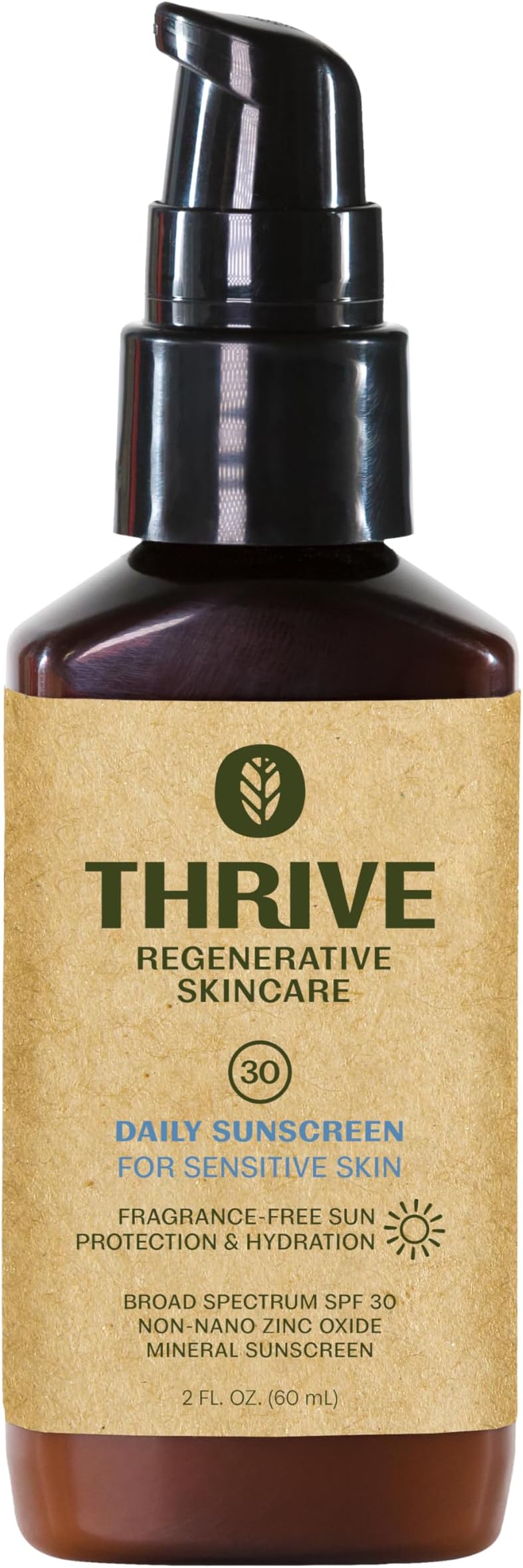 Thrive Natural Care Mineral Face Sunscreen for Sensitive Skin SPF 30, 2 Ounces - Moisturizing Unscented Sunscreen for Face - Broad Spectrum with Clear Zinc Oxide - Vegan