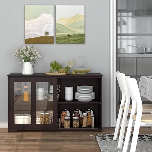 Miniatura 7 de COSTWAY Aparador de buffet con almacenamiento, armario de piso de 2 puertas con gabinete deslizante de vidrio templado y estante ajustable, armario