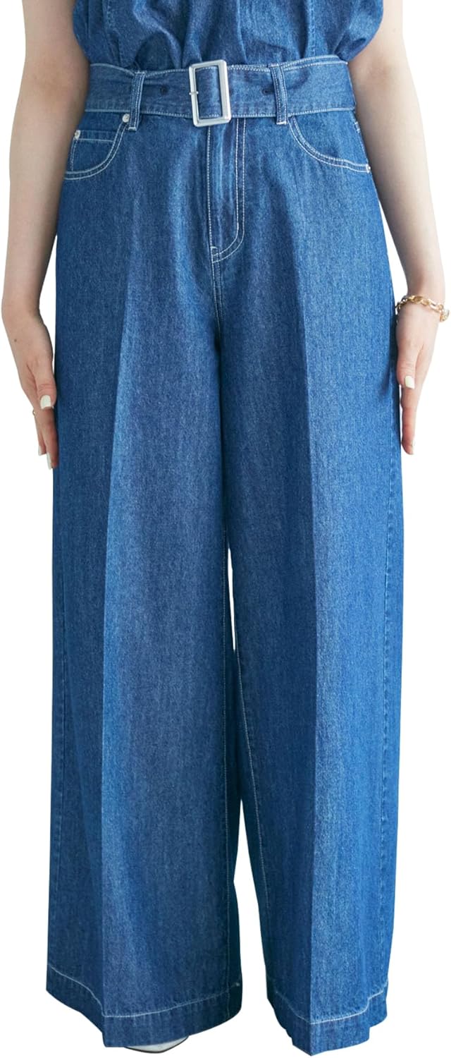[VIS] ジーンズ 【セットアップ対応】ベルト付きセンタープレスワイドデニムパンツ【洗える】 レディース
