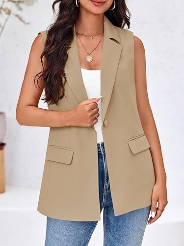 Miniatura 2 de Cicy Bell Chaqueta de verano sin mangas para mujer, estilo casual, frente abierto, con un solo botón, con bolsillos