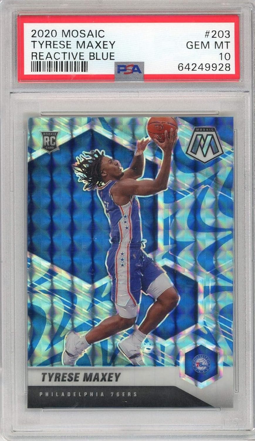 Graded 2020 Panini Mosaic Tyrese Maxey #203 Reactive Blue Rookie RC Basketball Card PSA 10 Gem Mint