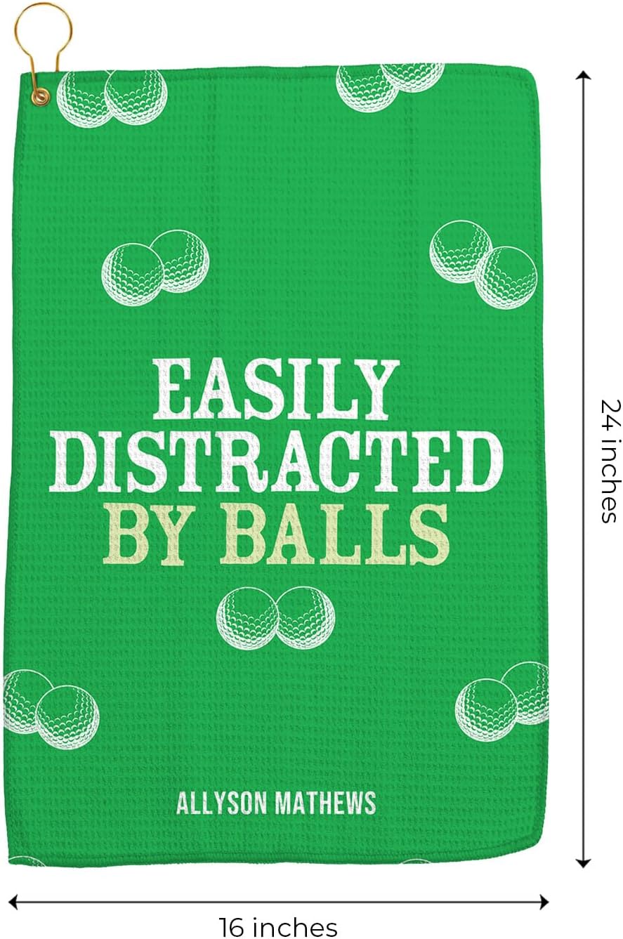 Canopy Street Personalized Humorous Golf Balls Towel / 16" x 24" Easily Distracted Custom Microfiber Golf Towel with Gold Fastener/Personal Golfer Accessory Present