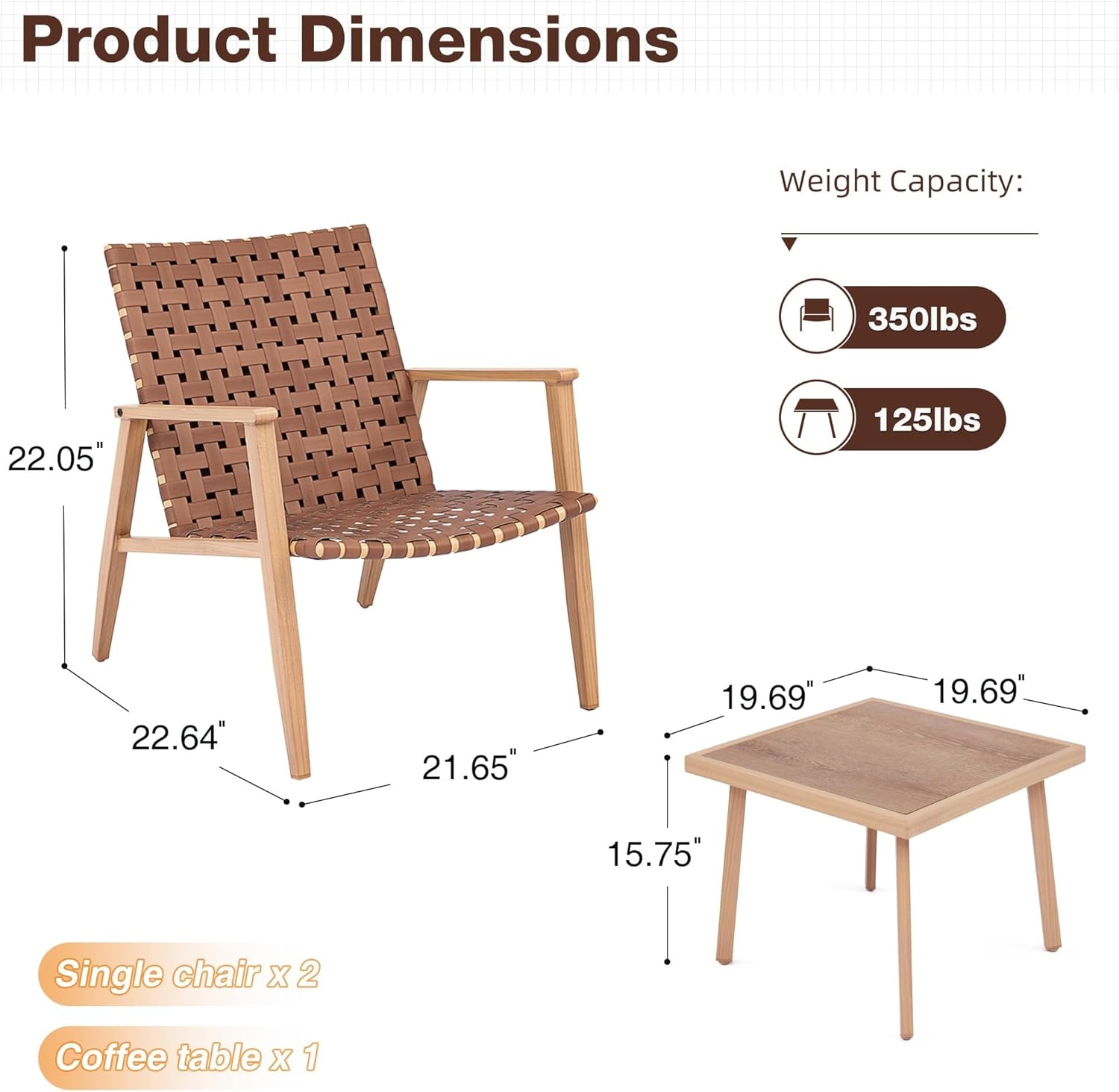 3 Piece Patio Bistro Set with Coffee Table Wood Grain Armrest Outdoor Conversation Chair Sets for Backyard Porch Balcony Poolside Garden