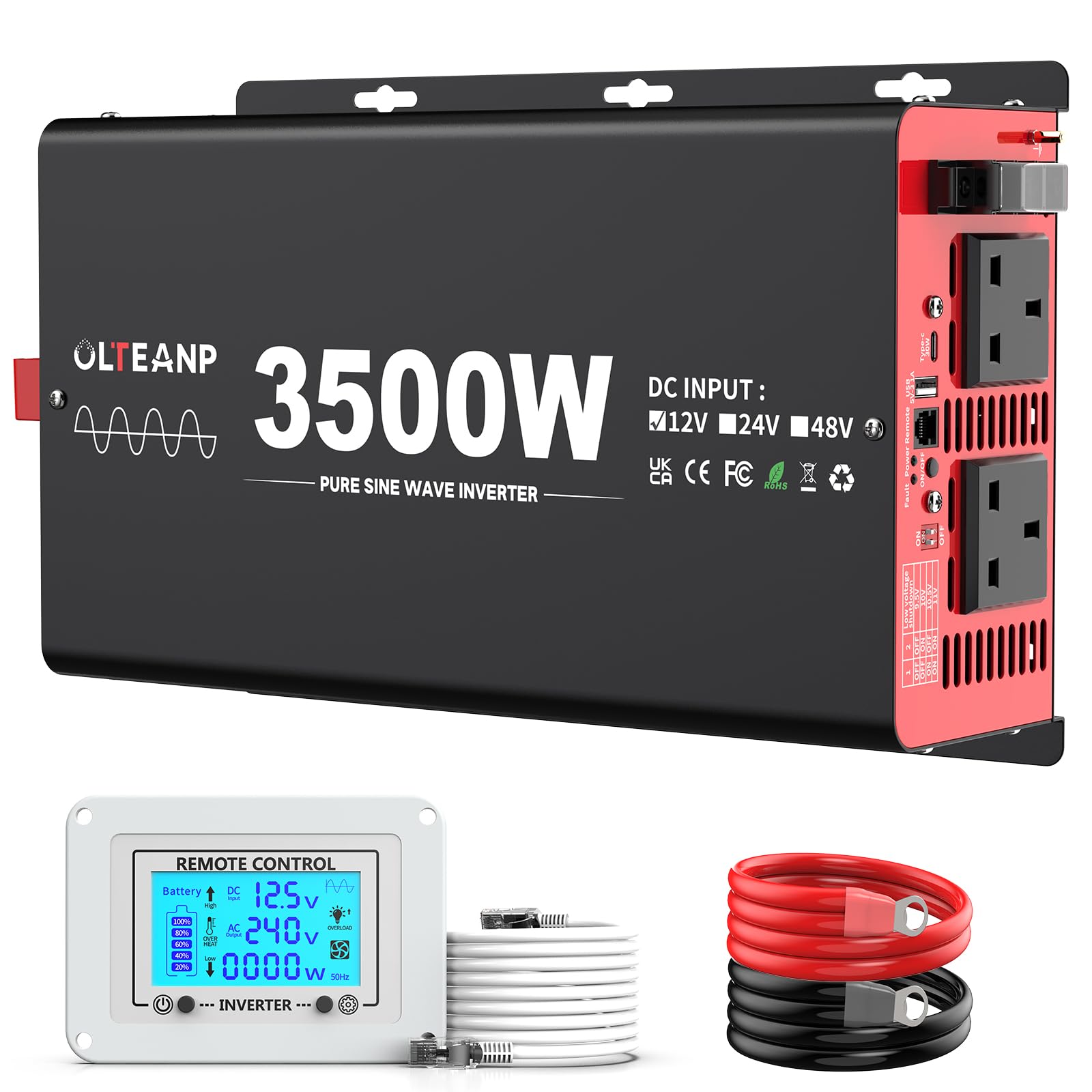 OLTEANP 3500W Reiner Sinus Wechselrichter, 12V DC auf 240V AC Wechselrichter mit 2 AC Ausgängen, USB-Port, Typ-C-Anschluss für LKW, Fahrzeug, Stromausfall, Fernbedienung mit LCD-Bildschirm