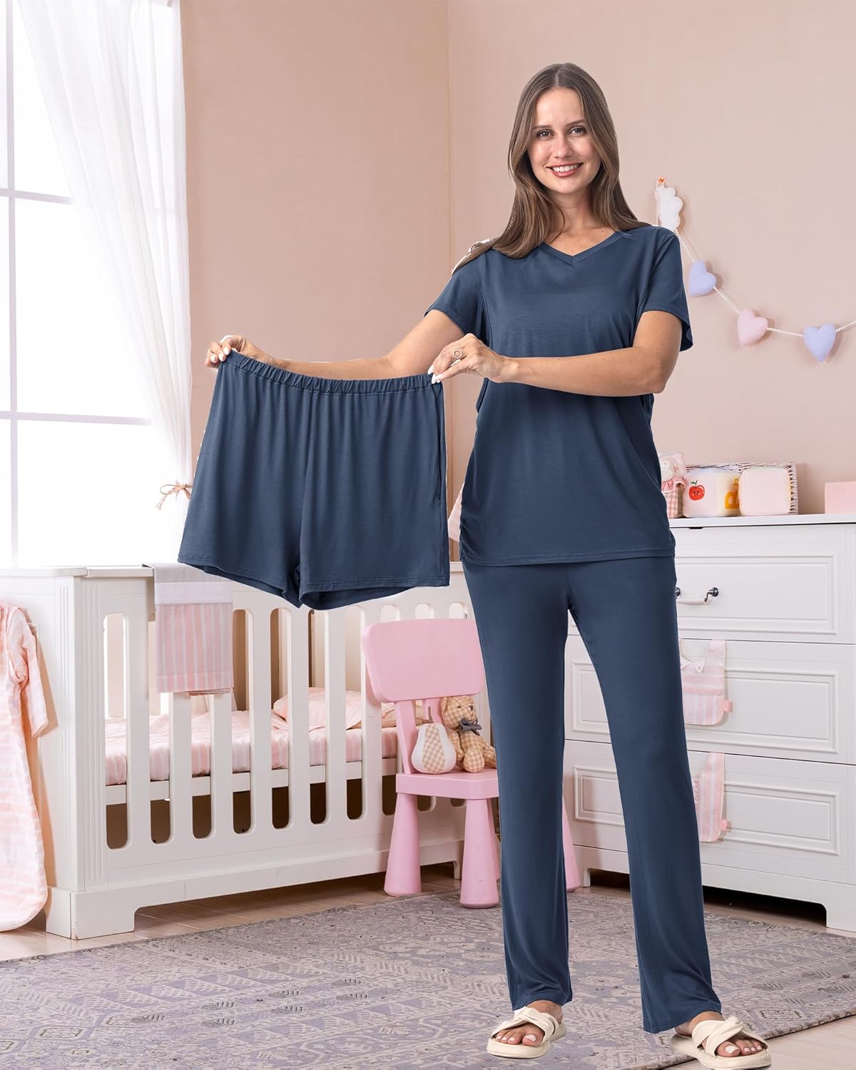 Rnxrbb 3 Piece Women's Maternity Nursing Pajamas Set V Neck Breastfeeding Pjs Sleepwear Postpartum Shorts&Pants Pockets - Image 4