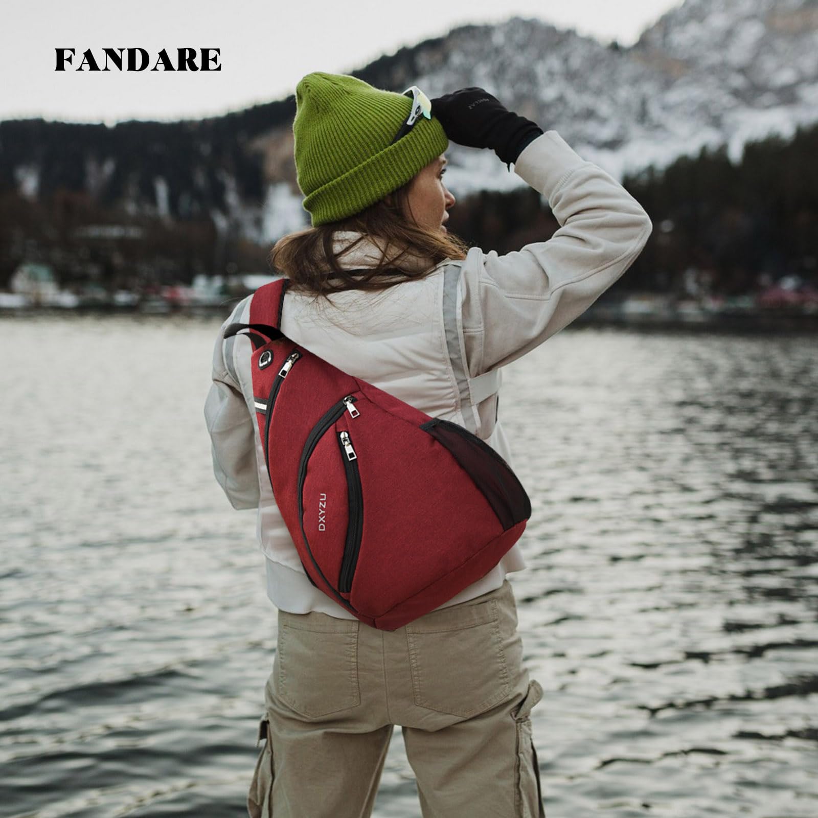 FANDARE Ultra-Léger Sac de Poitrine en Cuir Bandoulière Sling Crossbody Homme Femme Sacoche d'Epaule de Ceinture pour Voyage Randonnée Camping - Imperméable Nylon Rouge