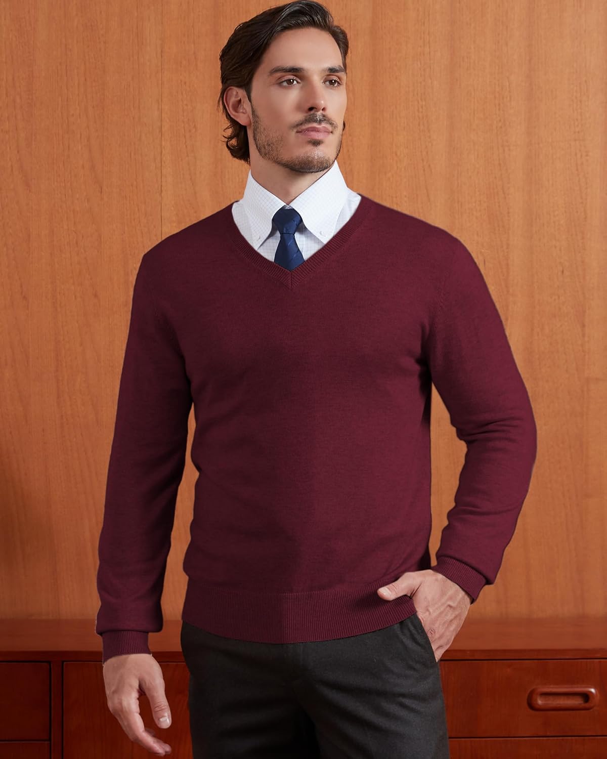 Kallspin Men's Wool Blend V-Neck Sweater Relax Fit Knit Pullover for Fall Winter - Image 5