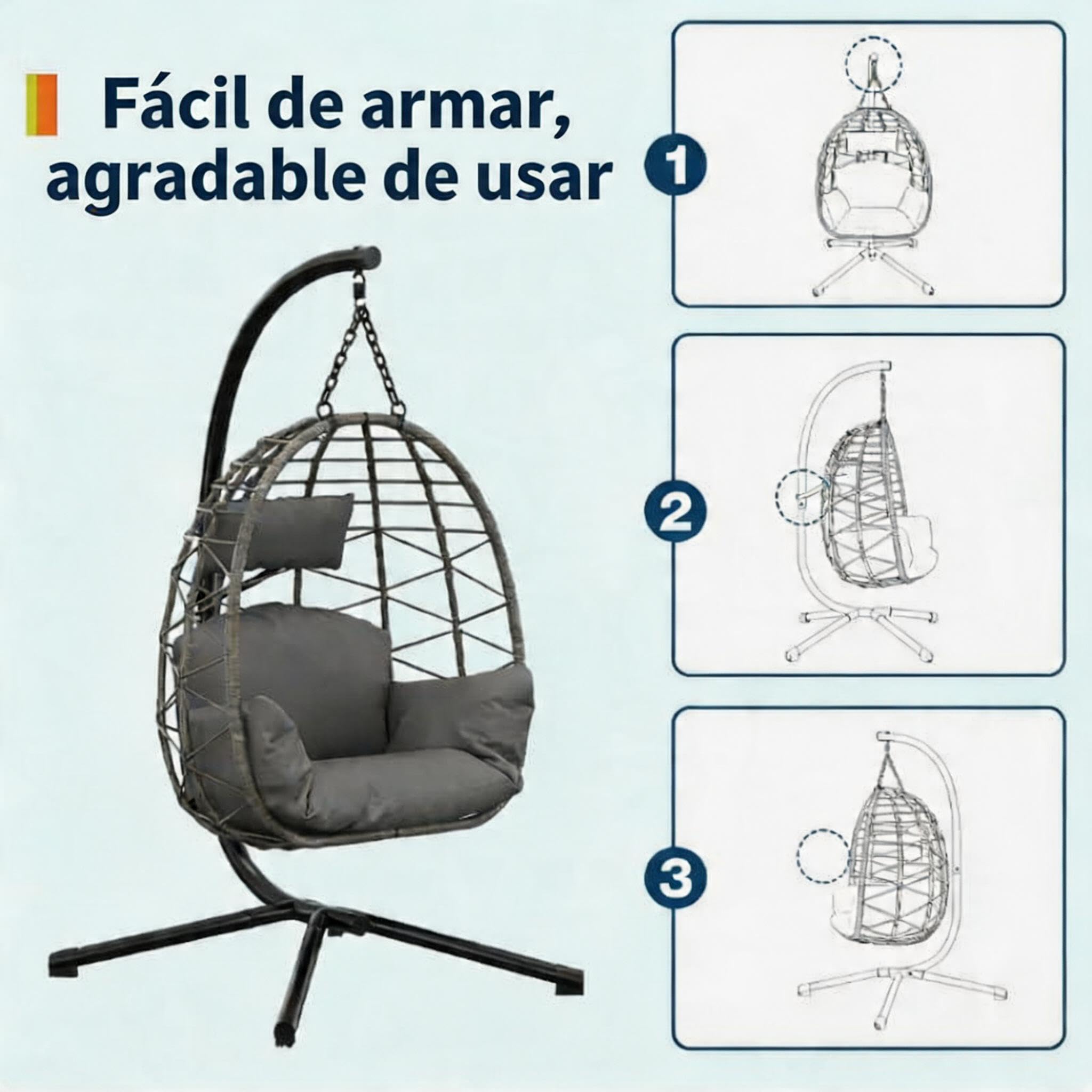 GarveeLife Altalena giardino esterno - Sedia sospesa con supporto completamente metallico, sedia a uovo sospesa con capacità di 150 kg, include cuscini relax per giardino, balcone, patio, colore